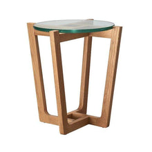 Round glass lamp table with timber frame