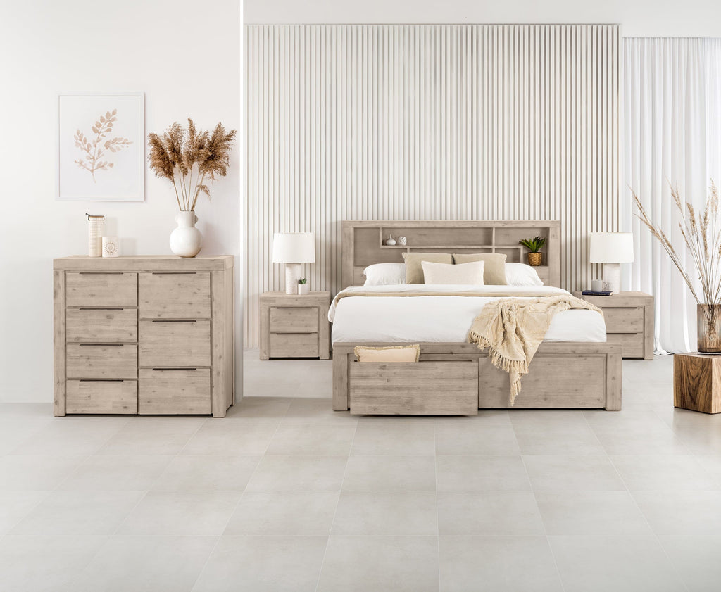 Cromwell Timber Bedroom Suite with Storage Drawers and Bookshelf Headboard