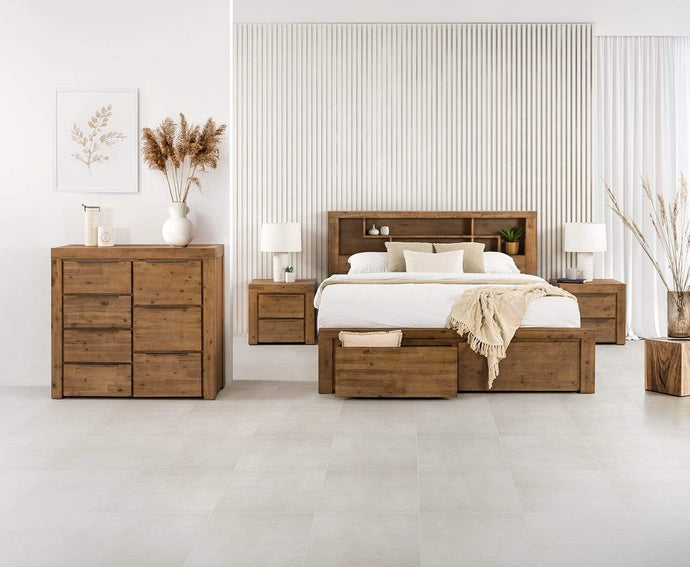 Cubix Timber Bedroom Suite with Storage Drawers and Bookshelf Headboard